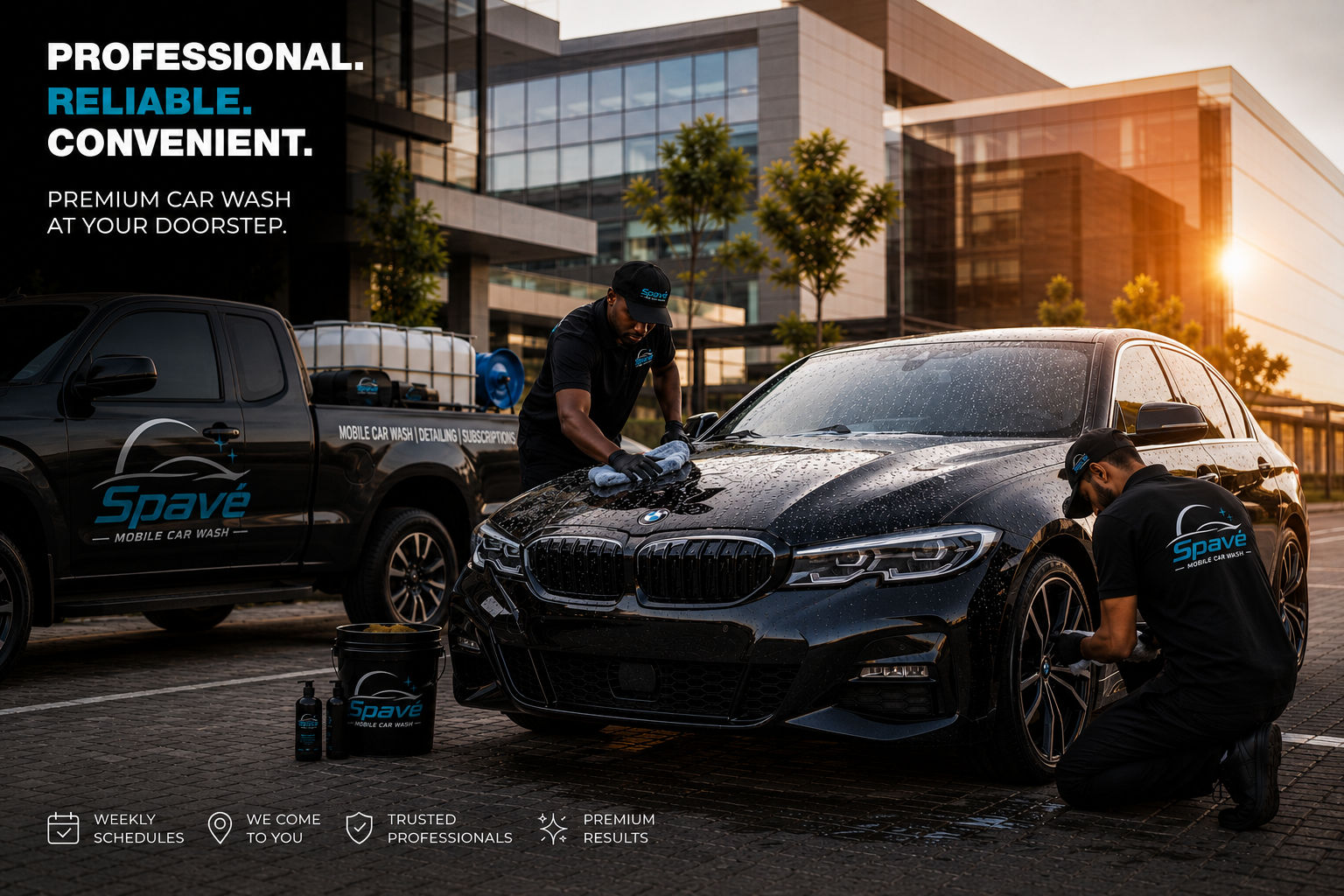 Spave Car Care team washing a black BMW in a Gauteng driveway